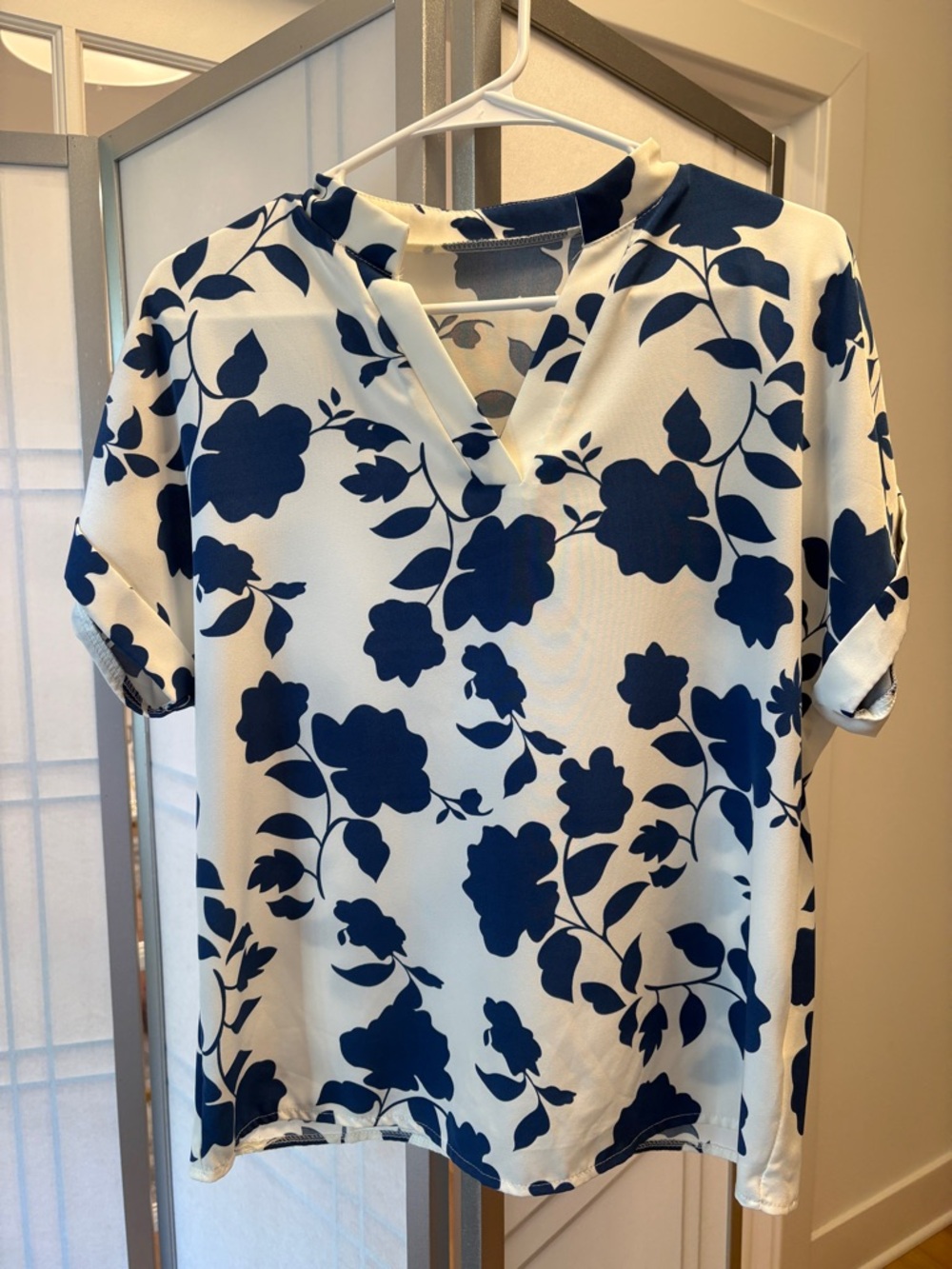 Shein Women's Navy Floral V-Neck Blouse